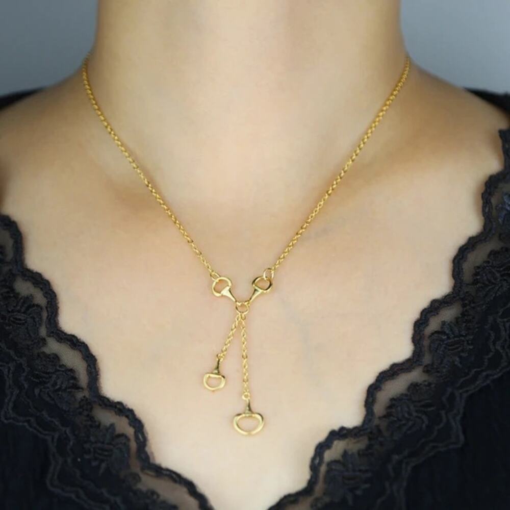 Women's Lucky Double Horseshoe Pendant Y-Shaped Gold Tone Necklace